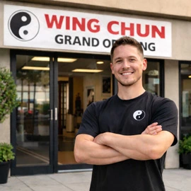Martial arts school owner standing outside his school