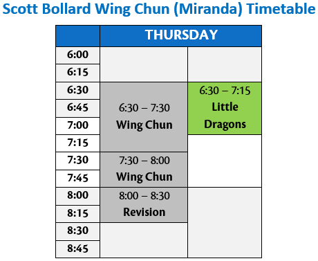 Scott Bollard Wing Chun Miranda Timetable